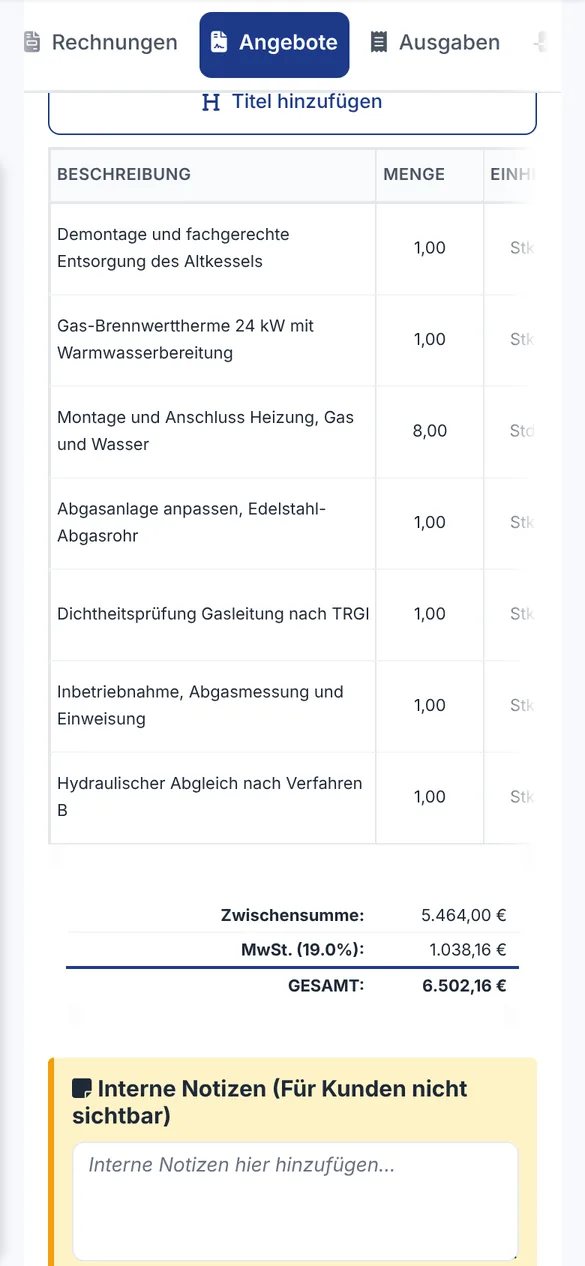 Positionen des Angebots zum Kesseltausch mit Summe 6.502,16 Euro inklusive 19 Prozent MwSt.
