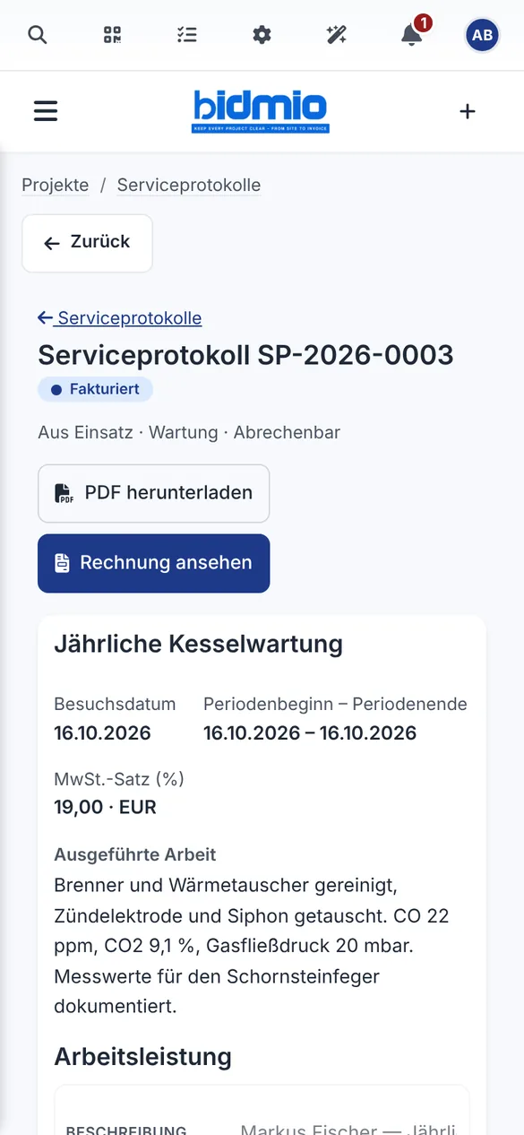 Serviceprotokoll SP-2026-0003 zur jährlichen Kesselwartung, fakturiert, mit Button Rechnung ansehen