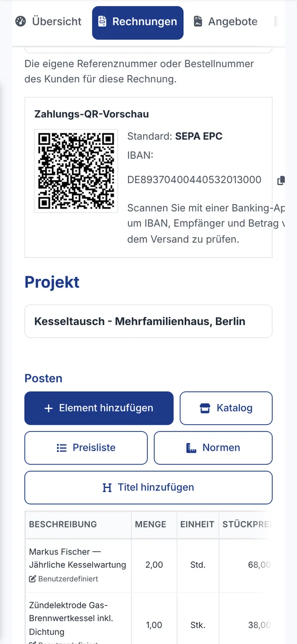Rechnung zur Kesselwartung mit Zahlungs-QR-Vorschau im Standard SEPA EPC und IBAN