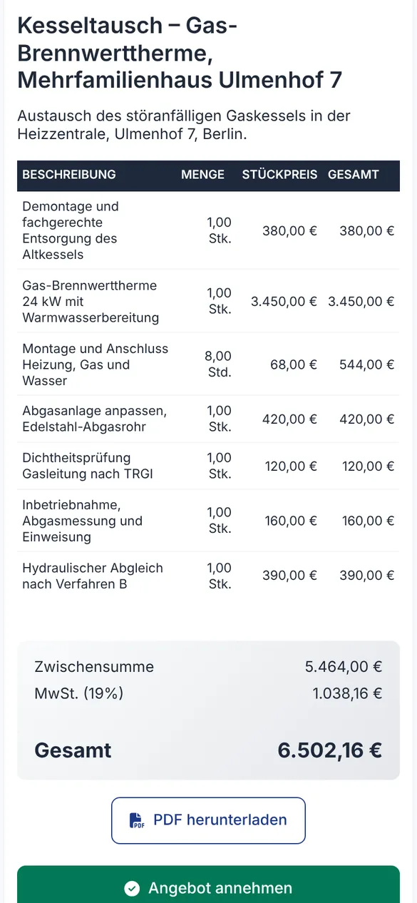 Kundenansicht des Angebots Kesseltausch Ulmenhof 7 mit Gesamtbetrag und grünem Button Angebot annehmen