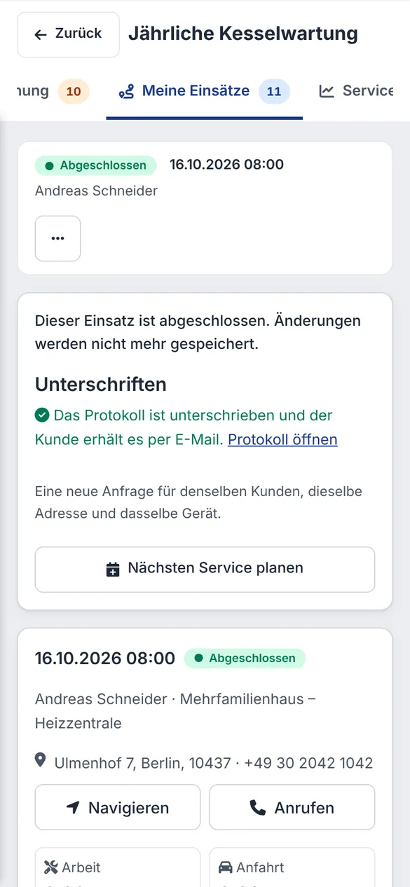 Abgeschlossene Kesselwartung bei Andreas Schneider mit unterschriebenem Protokoll und Button Nächsten Service planen