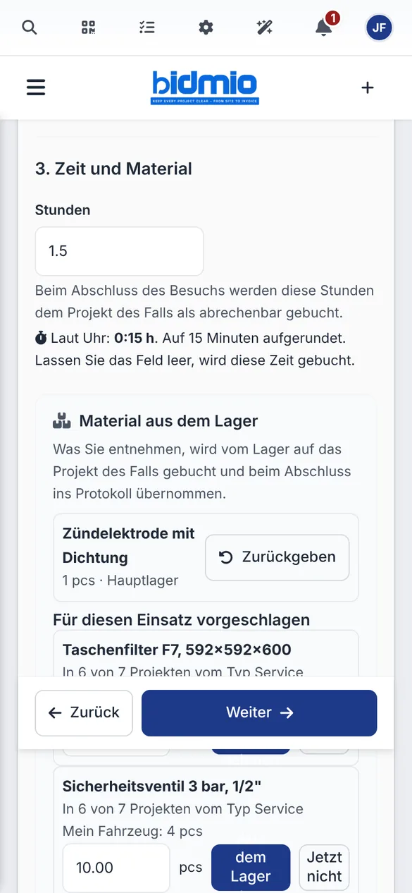 Zündelektrode mit Dichtung aus dem Hauptlager gebucht, darunter Teilevorschläge mit Fahrzeugbestand