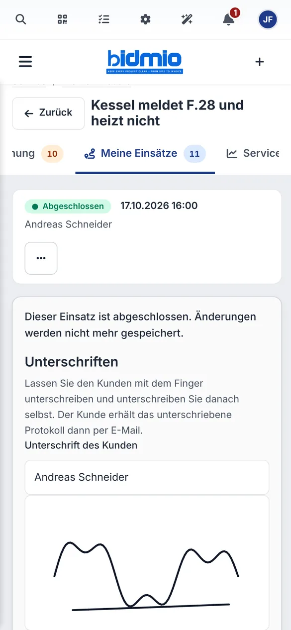 Abgeschlossener Einsatz mit Unterschrift von Andreas Schneider auf dem Handydisplay