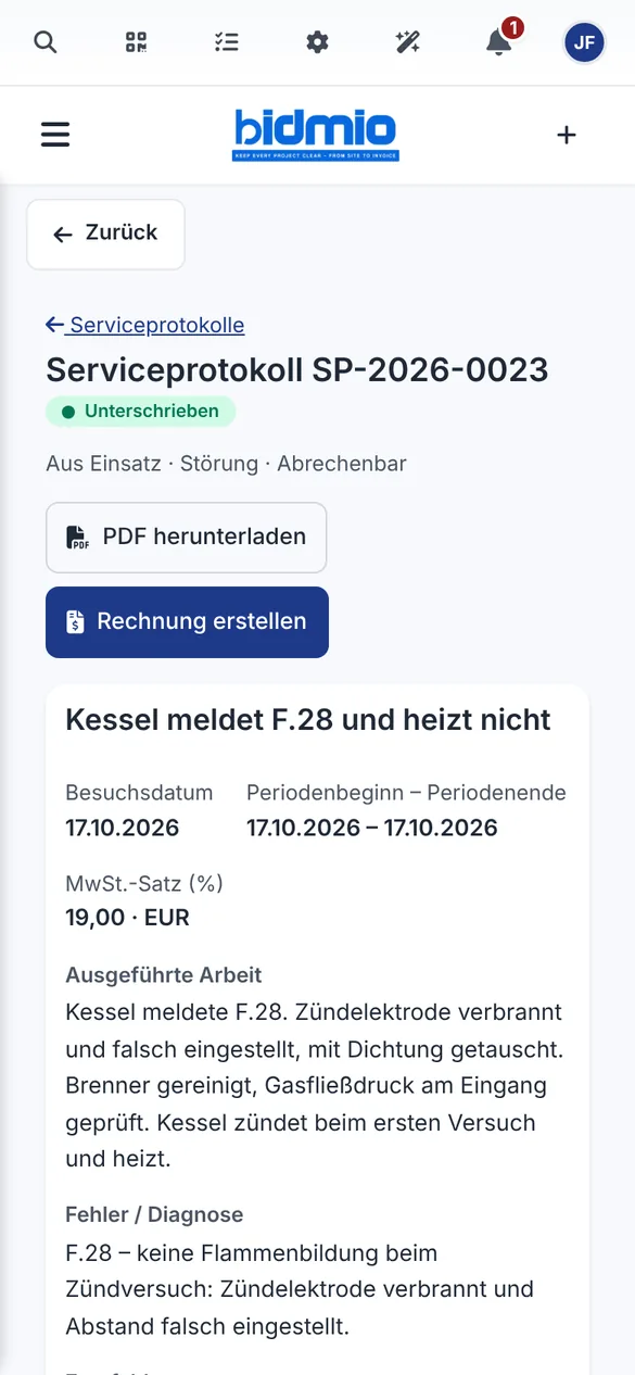 Unterschriebenes Serviceprotokoll SP-2026-0023 mit ausgeführter Arbeit und Fehlerdiagnose F.28